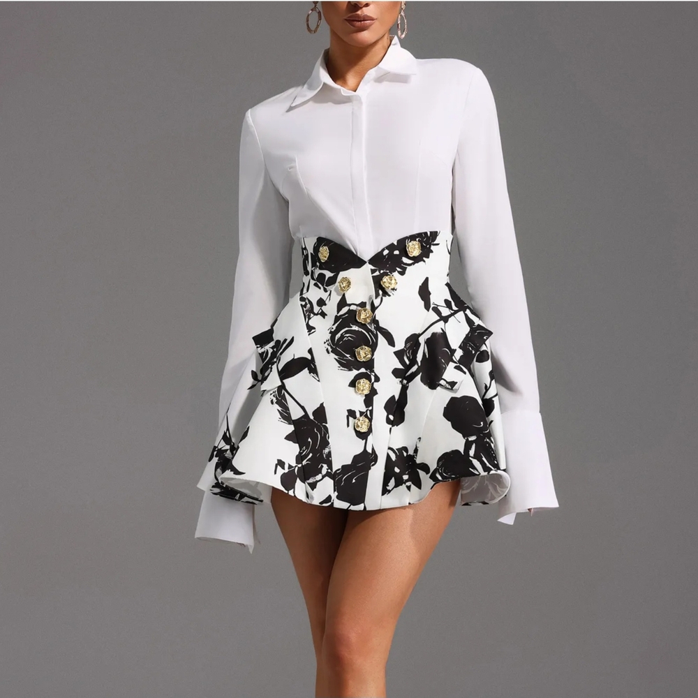 Stylish White and Black Floral Dress